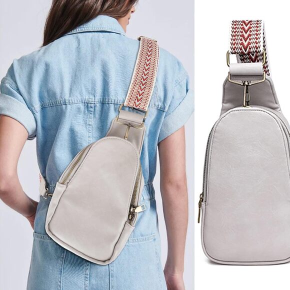 Women’s Sling Crossbody Bag Soft PU Leather Wide Woven Strap Chest Travel Grey - Picture 4 of 8